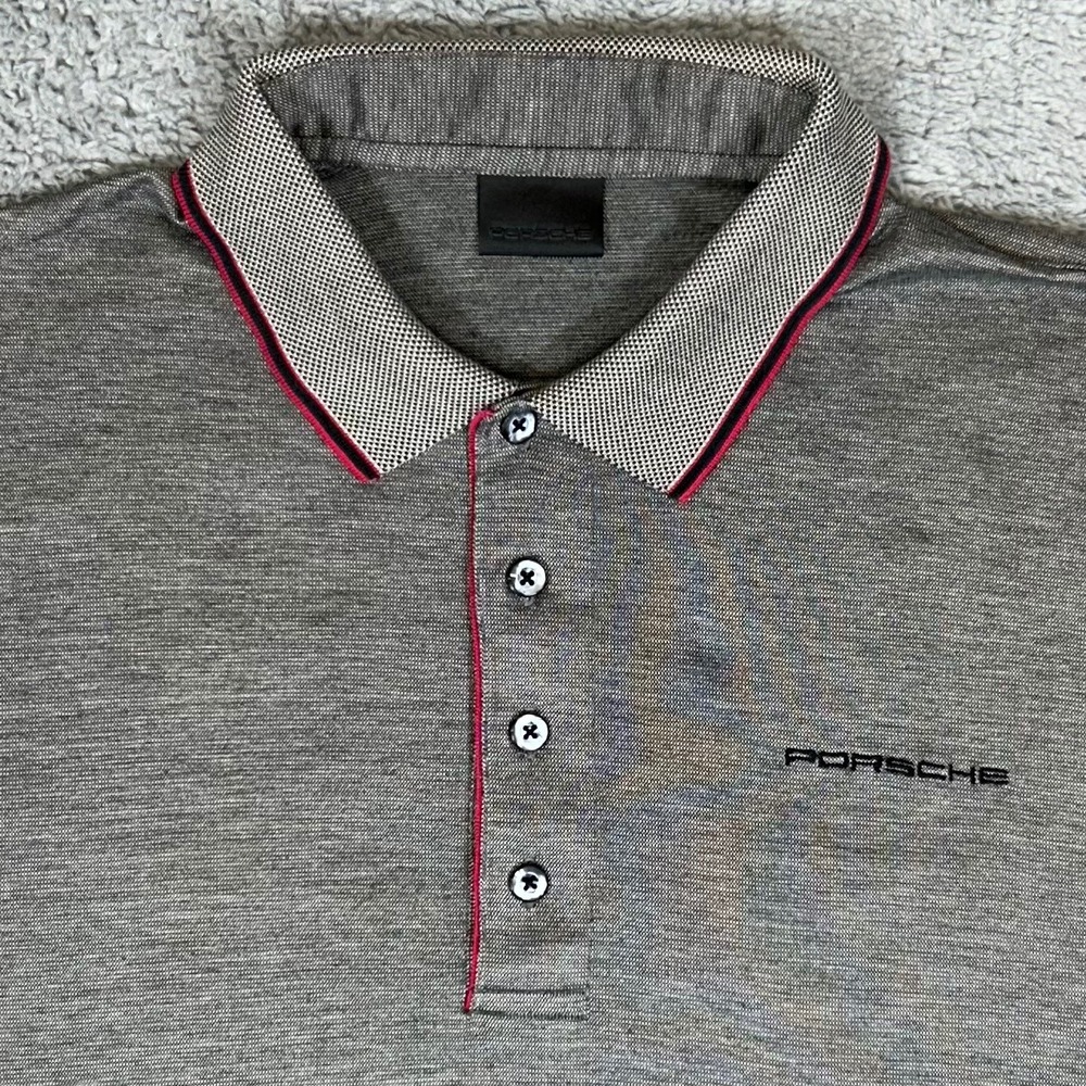 Porsche Mens Grey Textured Cotton Short Sleeve Polo Shirt Red Trim Logo XL